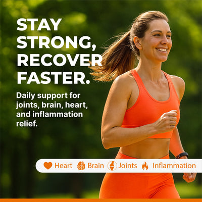 Woman running outdoors with health benefits text overlay