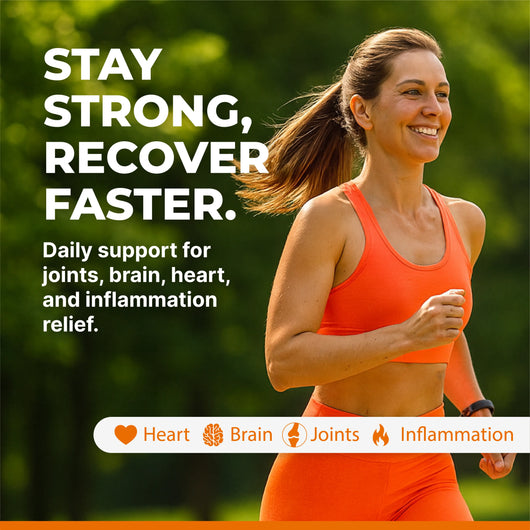 Woman running outdoors with health benefits text overlay