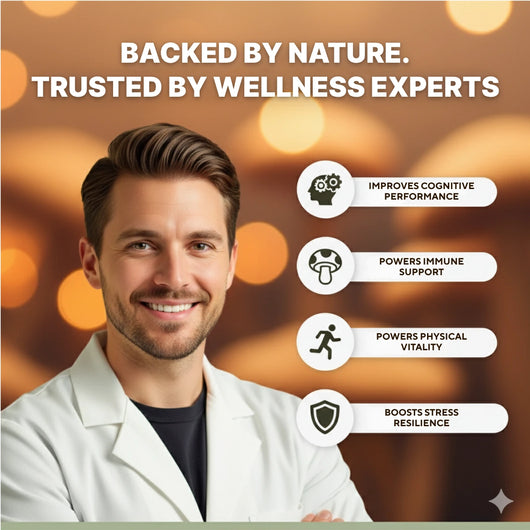 Man in a lab coat with wellness benefits text on a blurred background