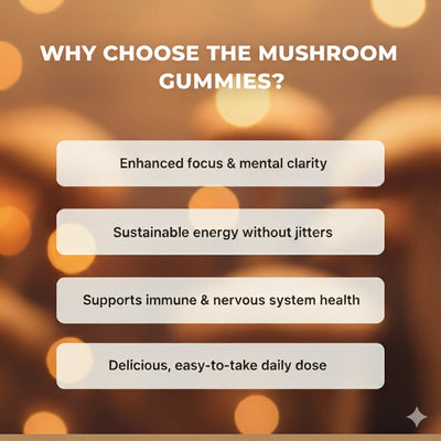 Promotional text about mushroom gummies with a blurred background
