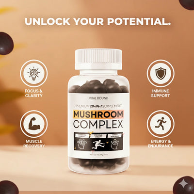 Bottle of Mushroom Complex supplement with benefits listed on a wooden surface.