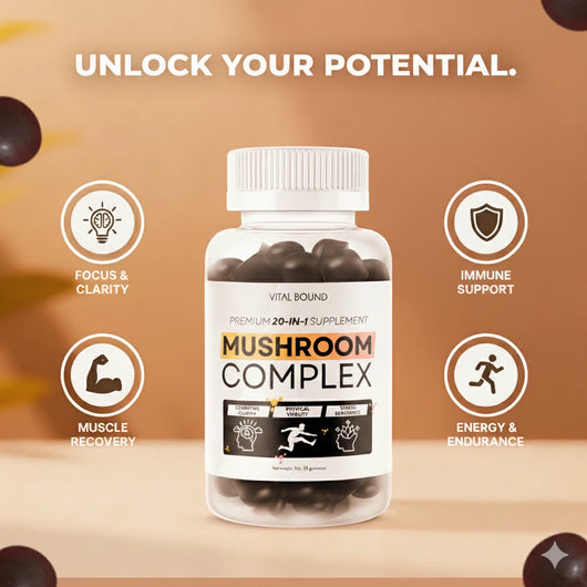 Bottle of Mushroom Complex supplement with benefits listed on a wooden surface.